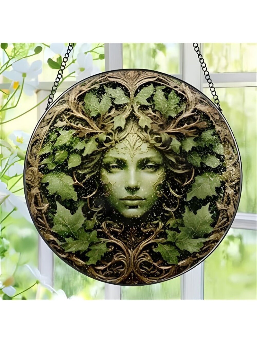Green Man Stained Glass Suncatcher, Stained Glass Window Hanging, 8 Inch